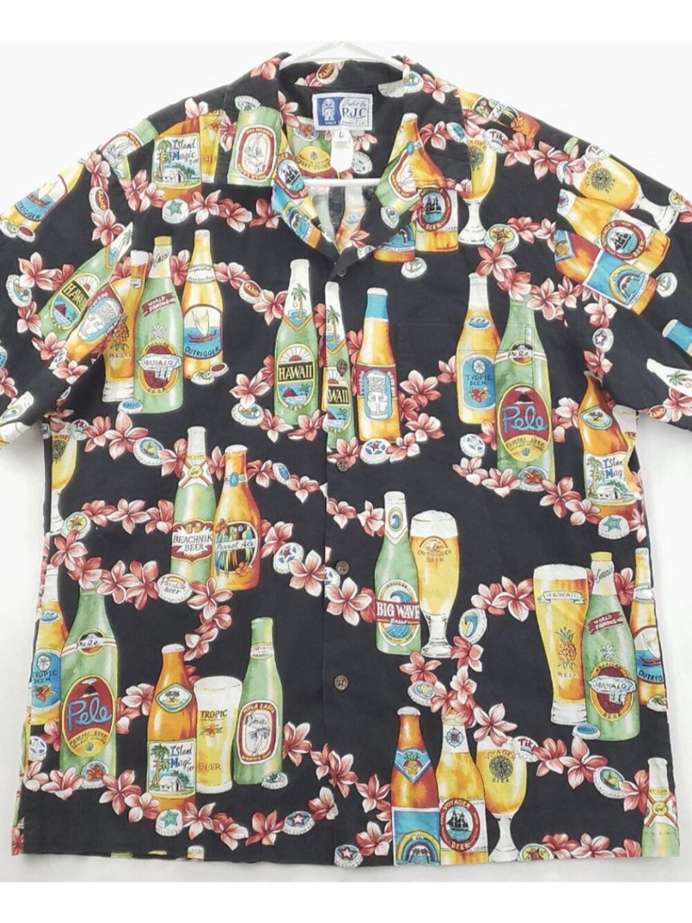 Vintage RJC Shirt Men Large Black Hawaiian Beers USA-Made Pocket Aloha Button-Up
